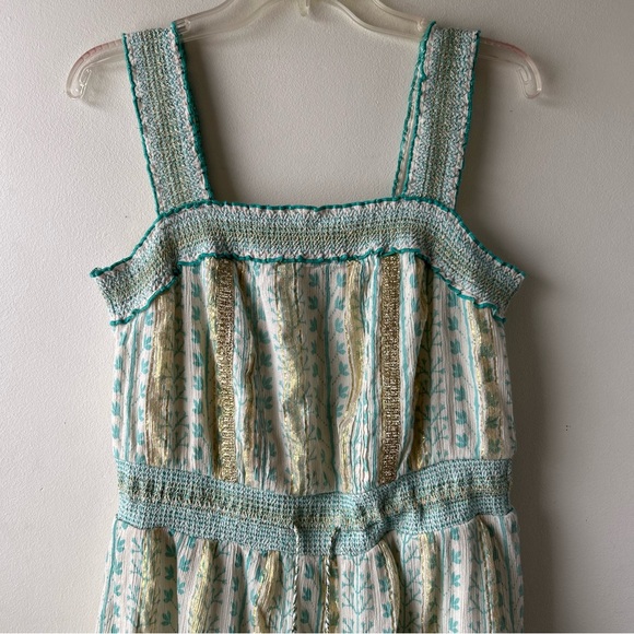 Soft Surroundings Aegean Tiered Boho Maxi Dress Metallic Gold Aqua Blue Cream M - Picture 4 of 11